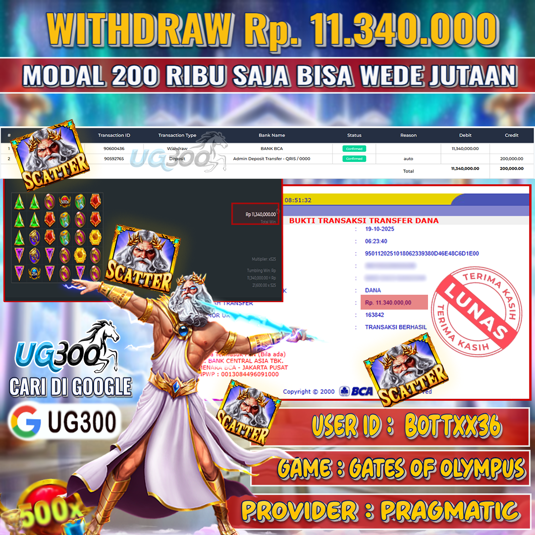 UG300 BERMAIN DI GATES OF OLYMPUS 1000 DAPAT PERKALIAN X500  Rp.11,340,000- DI BAYAR TUNTAS